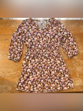 Nine West Dress V-Neck 3/4 Sleeve Brown Purple Floral Elastic Waist Size XL
